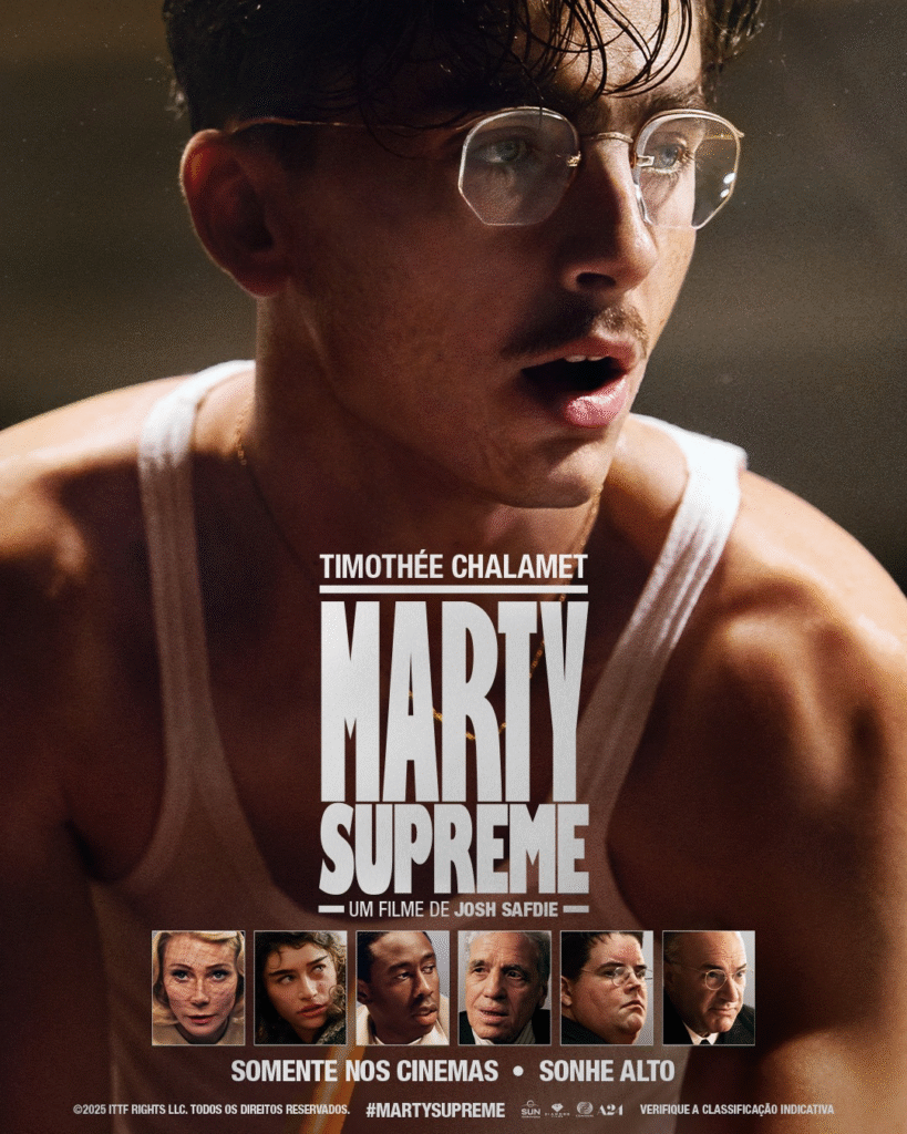 Imagem promocional de Marty Supreme, filme de Josh Safdie estrelado por Timothée Chalamet, uma produção A24 com distribuição Diamond FIlms.