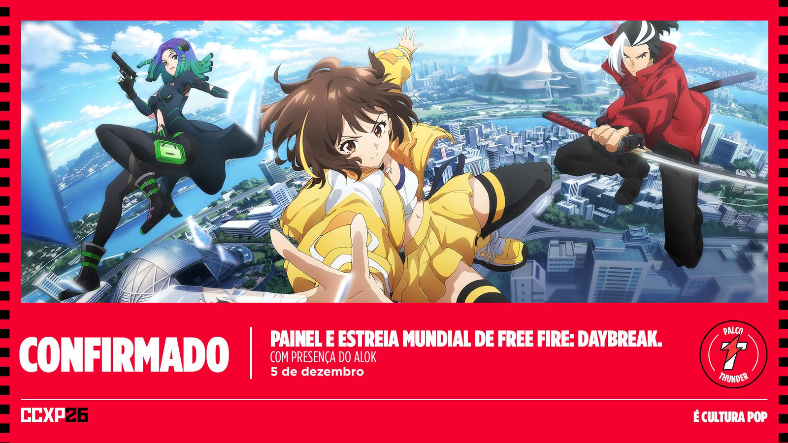 Free Fire: Daybreak estreia mundialmente na CCXP26 com Alok no palco e painel sobre os bastidores do anime